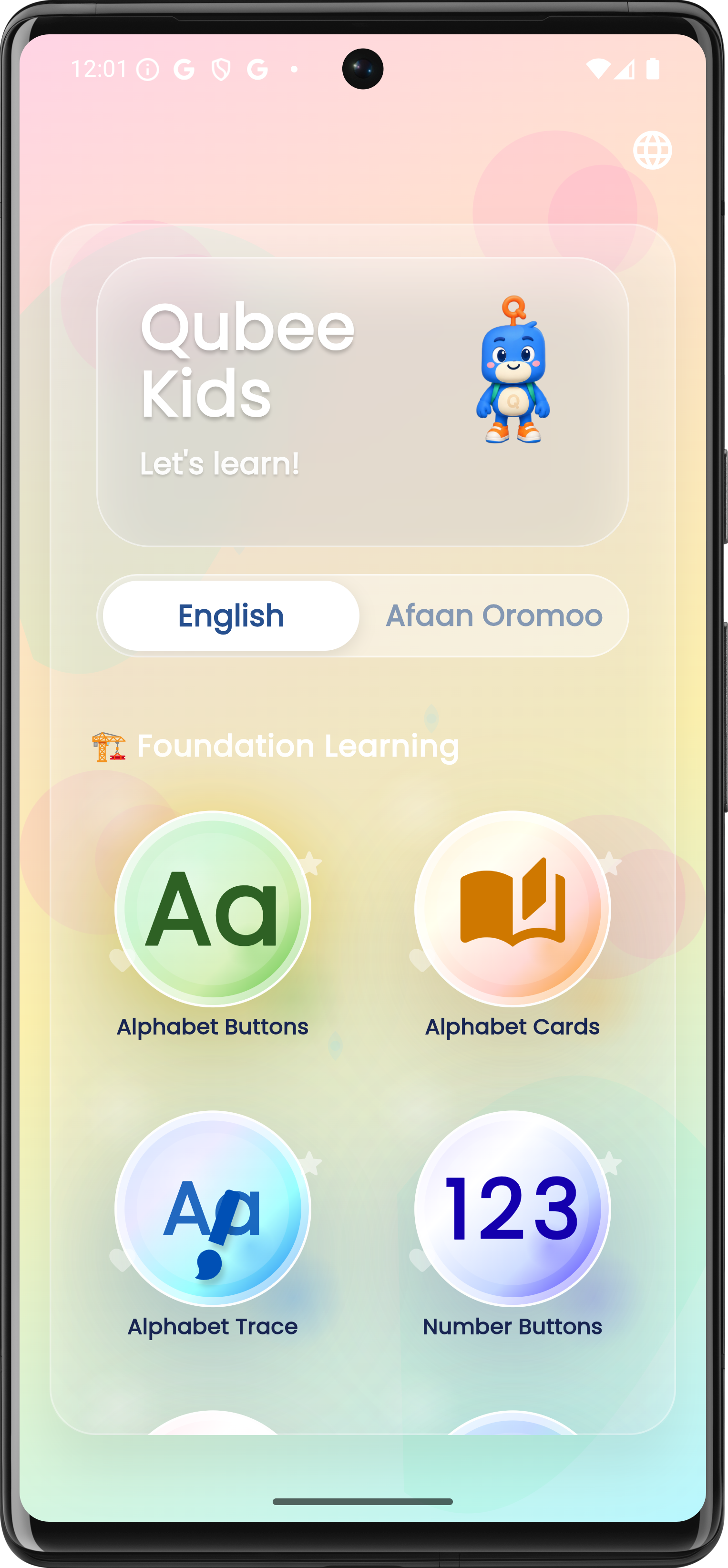 Qubee Kids app showing English and Afaan Oromoo learning activities